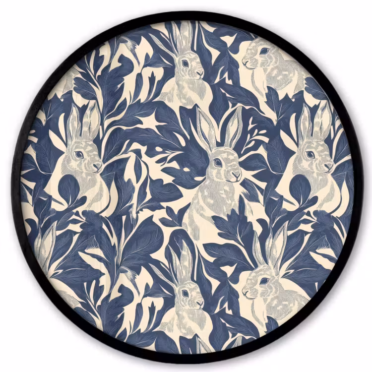 Ronde fotolijst - Hazen - Bladeren - Patroon - Blauw - Beige — 1