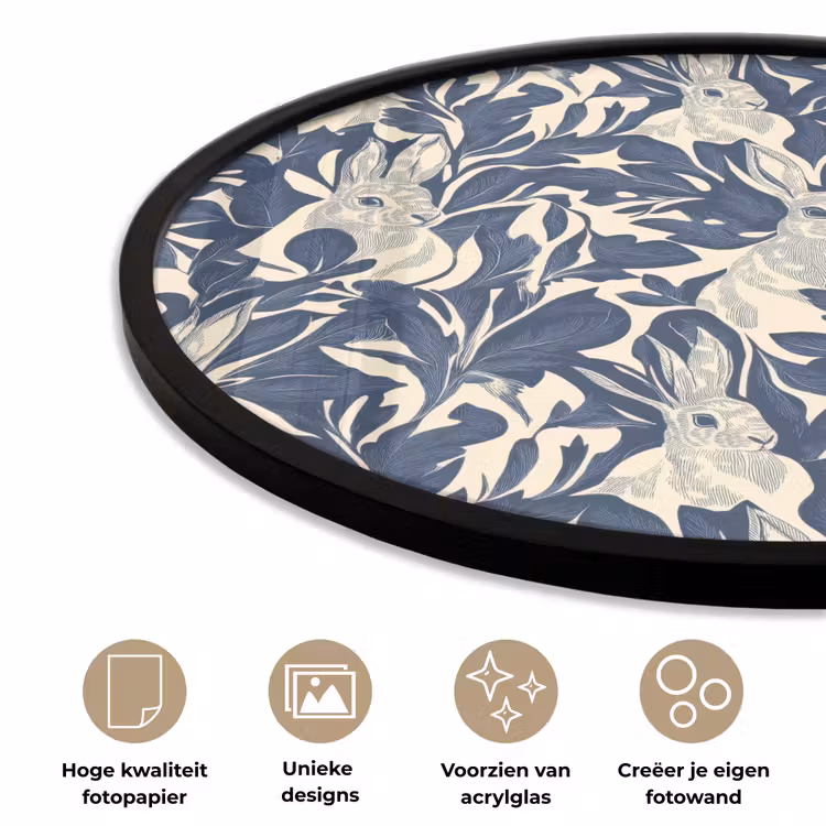 Ronde fotolijst - Hazen - Bladeren - Patroon - Blauw - Beige — 2