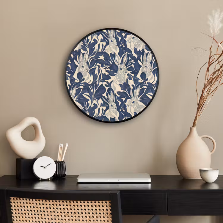 Ronde fotolijst - Hazen - Bladeren - Patroon - Blauw - Beige — 3