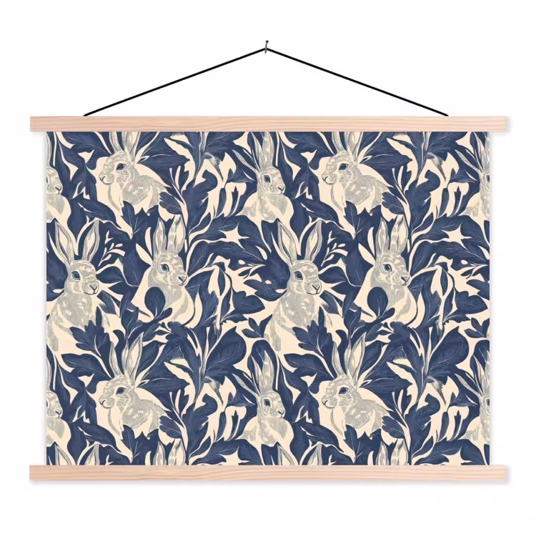 Schoolplaat - Hazen - Bladeren - Patroon - Blauw - Beige — 1