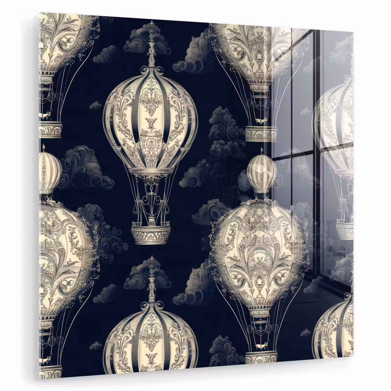 Glas schilderij - Luchtballonnen - Wolken - Patroon - Donkerblauw — 1