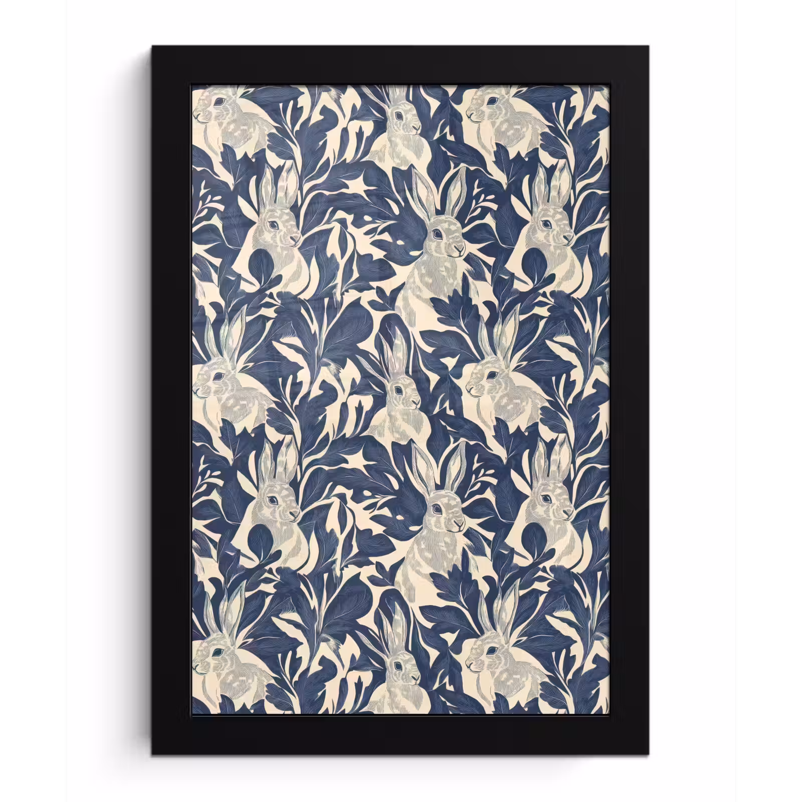 Poster met lijst - Hazen - Bladeren - Patroon - Blauw - Beige — 1