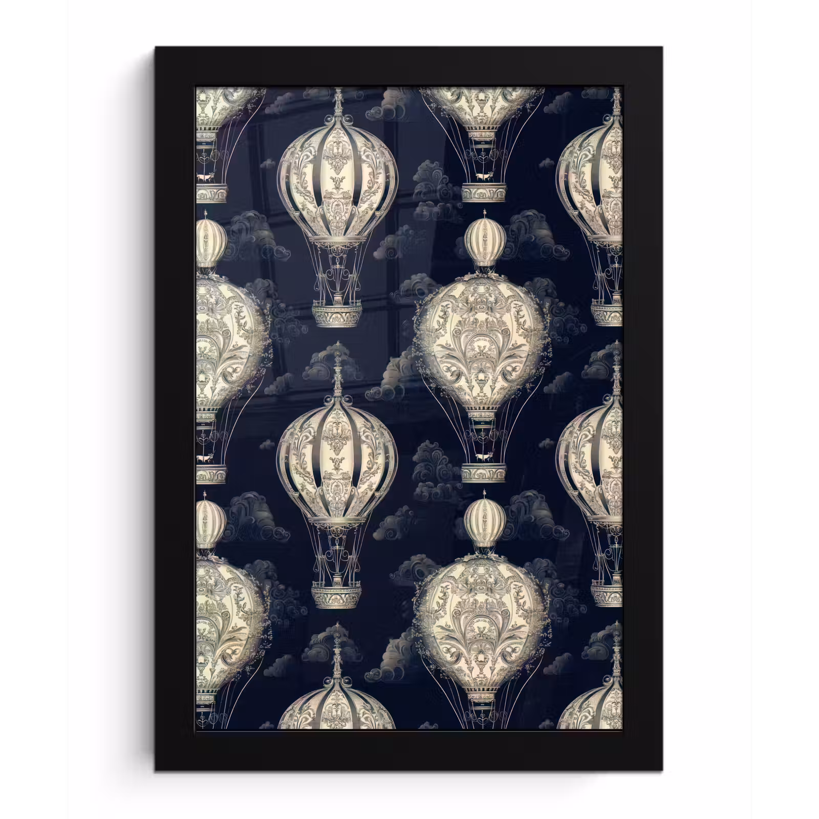 Poster met lijst - Luchtballonnen - Wolken - Patroon - Donkerblauw — 1
