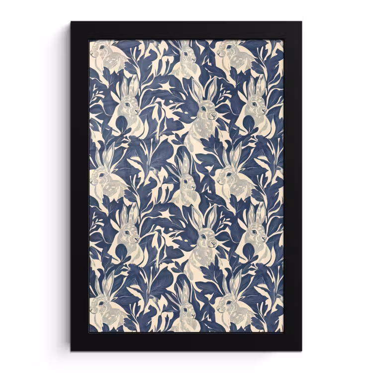 Poster met lijst - Hazen - Bladeren - Patroon - Blauw - Beige — 1