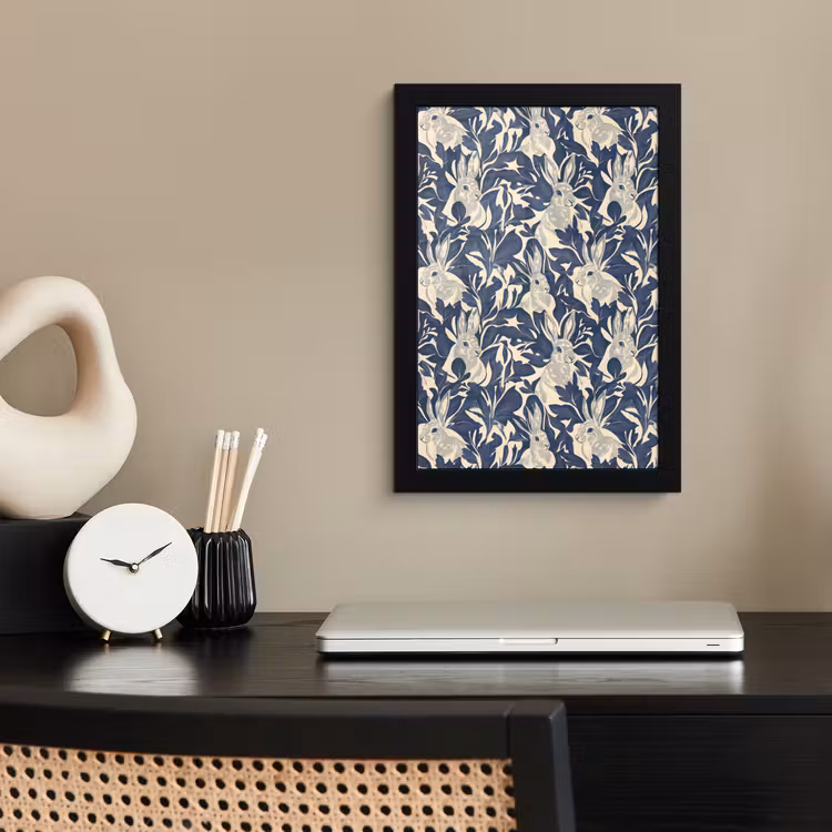 Poster met lijst - Hazen - Bladeren - Patroon - Blauw - Beige — 2