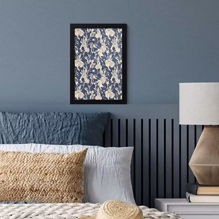 Poster met lijst - Hazen - Bladeren - Patroon - Blauw - Beige — 3