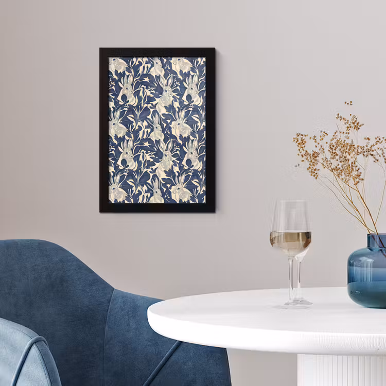 Poster met lijst - Hazen - Bladeren - Patroon - Blauw - Beige — 4