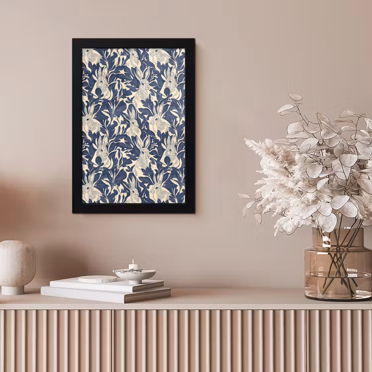 Poster met lijst - Hazen - Bladeren - Patroon - Blauw - Beige — 5