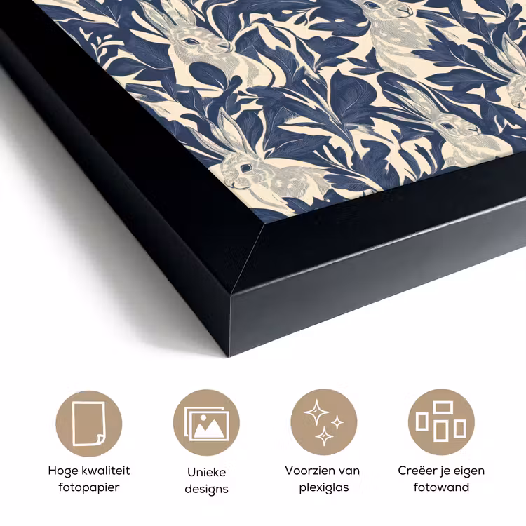 Poster met lijst - Hazen - Bladeren - Patroon - Blauw - Beige — 6