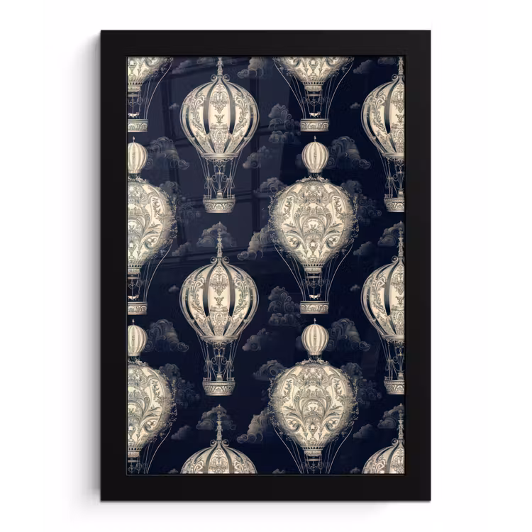 Poster met lijst - Luchtballonnen - Wolken - Patroon - Donkerblauw — 1