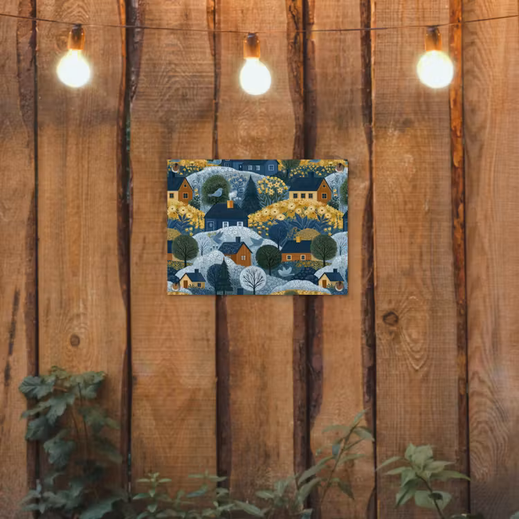 Tuinposter - Huisjes - Bloemen - Patroon - Geel - Blauw — 2