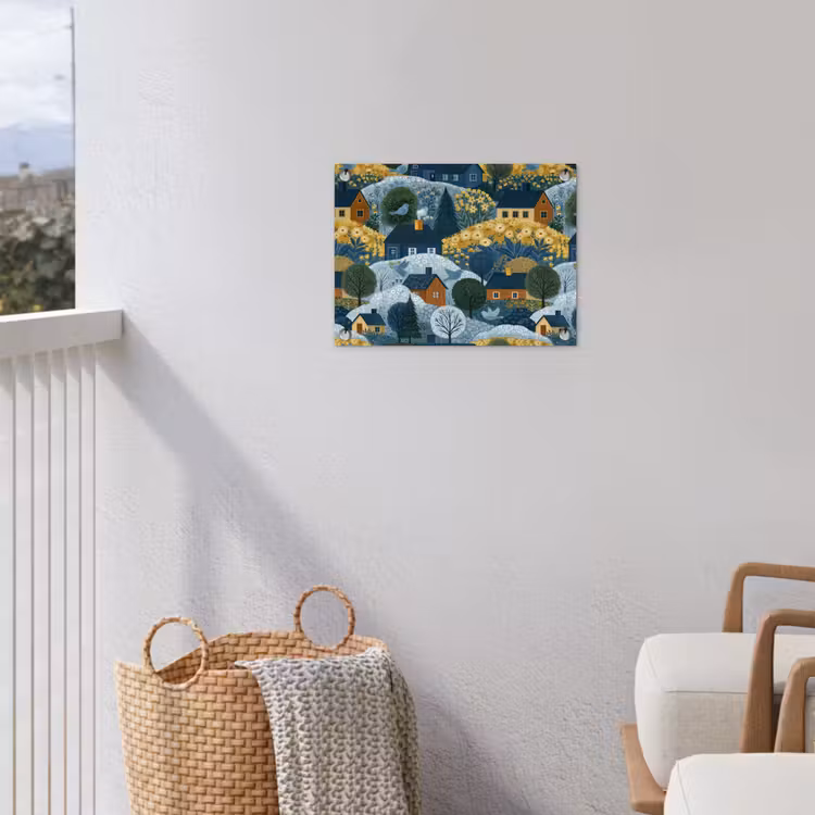 Tuinposter - Huisjes - Bloemen - Patroon - Geel - Blauw — 3