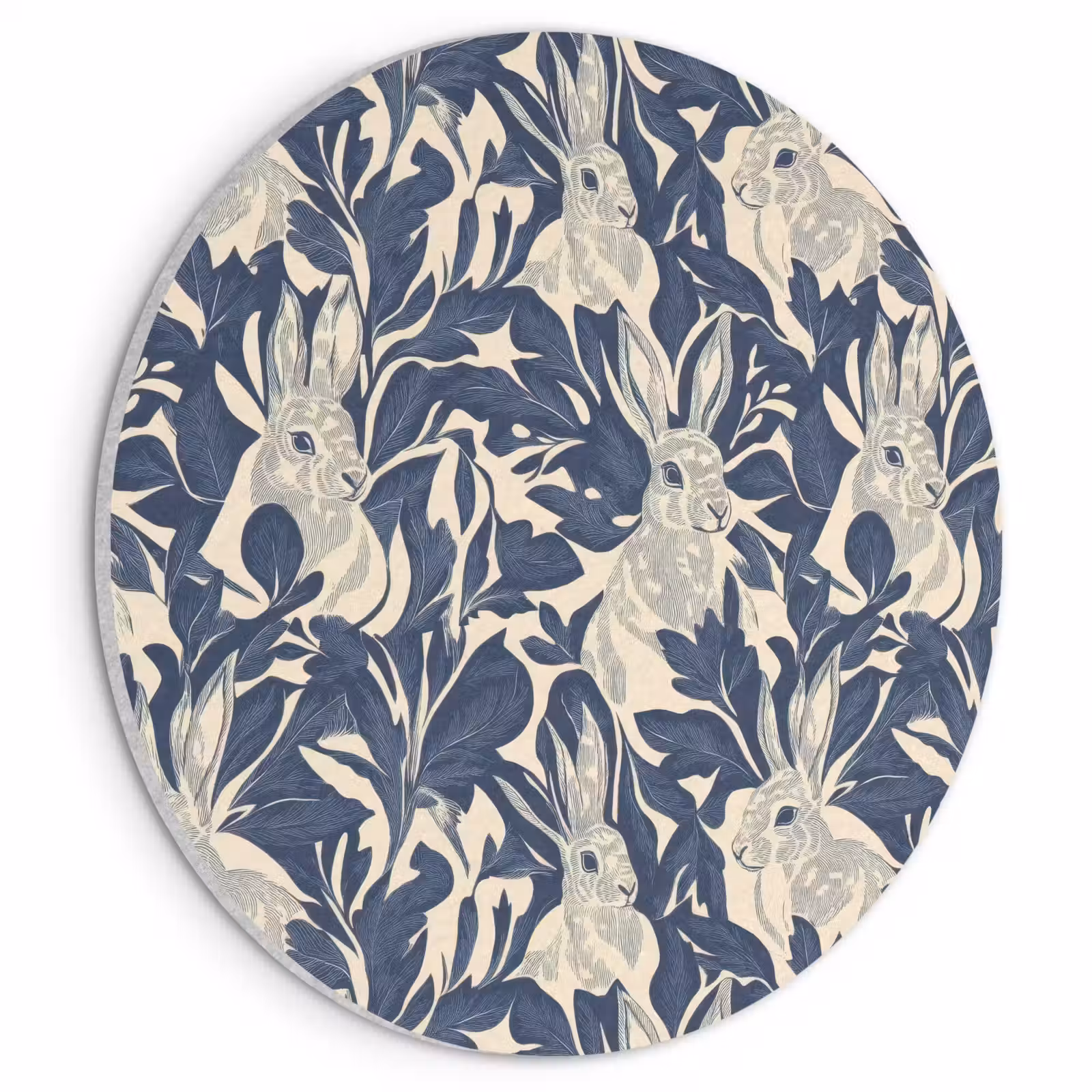 Akoestisch schilderij rond - Hazen - Bladeren - Patroon - Blauw - Beige — 1