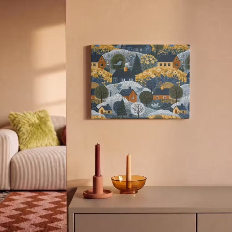 Akoestisch schilderij - Huisjes - Bloemen - Patroon - Geel - Blauw — 2