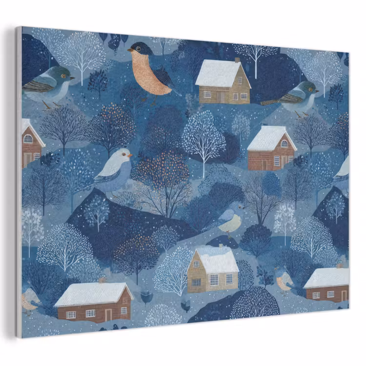 Akoestisch schilderij - Huisjes - Vogels - Sneeuw - Winter - Blauw — 1