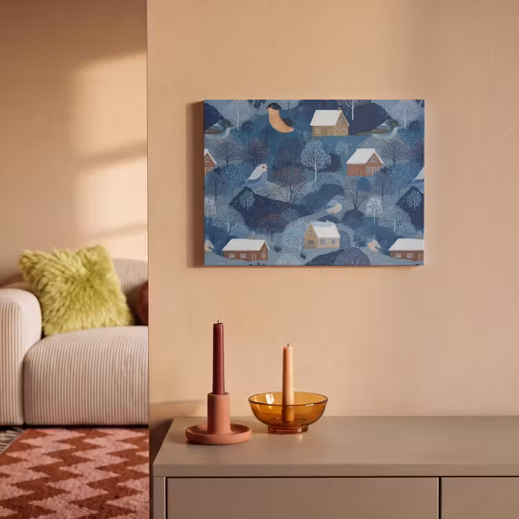 Akoestisch schilderij - Huisjes - Vogels - Sneeuw - Winter - Blauw — 2