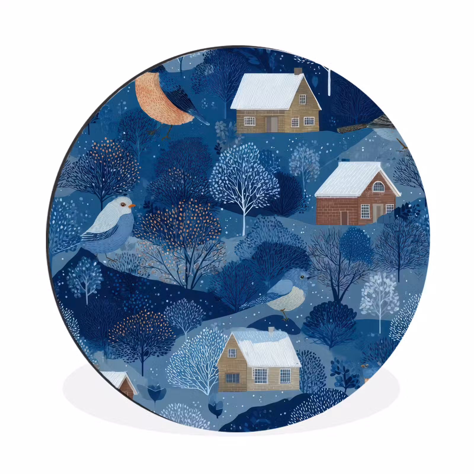 Wandcirkel - Aluminium - Huisjes - Vogels - Sneeuw - Winter - Blauw — 1