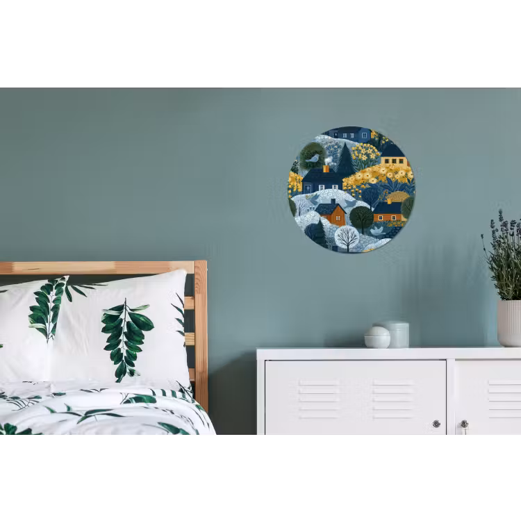 Wandcirkel - Aluminium - Huisjes - Bloemen - Patroon - Geel - Blauw — 4