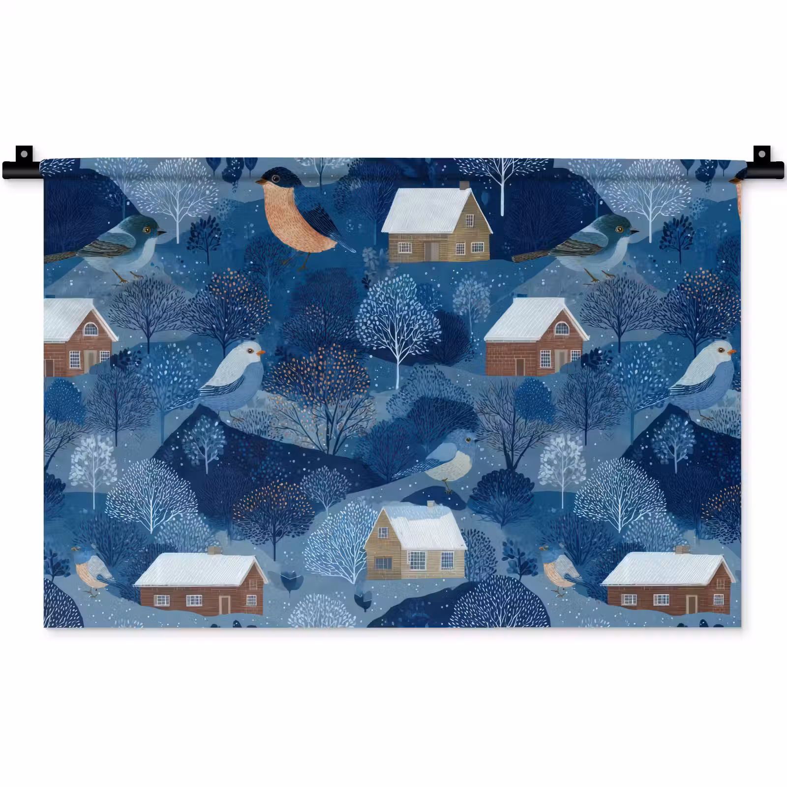 Wandkleed - Huisjes - Vogels - Sneeuw - Winter - Blauw — 1