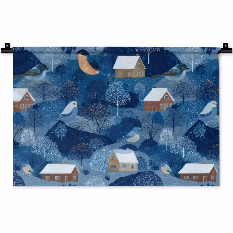 Wandkleed - Huisjes - Vogels - Sneeuw - Winter - Blauw — 1