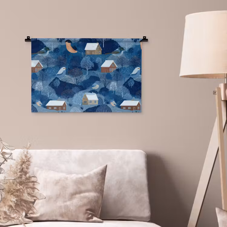 Wandkleed - Huisjes - Vogels - Sneeuw - Winter - Blauw — 2