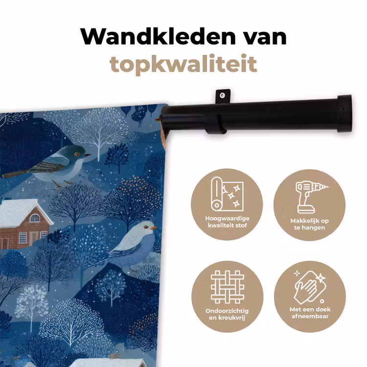 Wandkleed - Huisjes - Vogels - Sneeuw - Winter - Blauw — 3