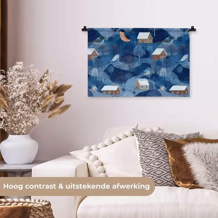 Wandkleed - Huisjes - Vogels - Sneeuw - Winter - Blauw — 4