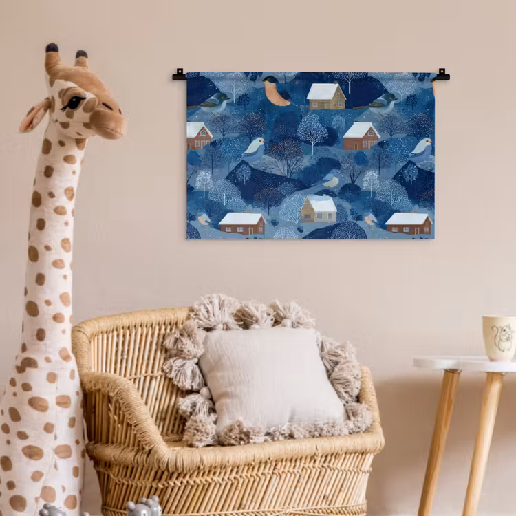 Wandkleed - Huisjes - Vogels - Sneeuw - Winter - Blauw — 5
