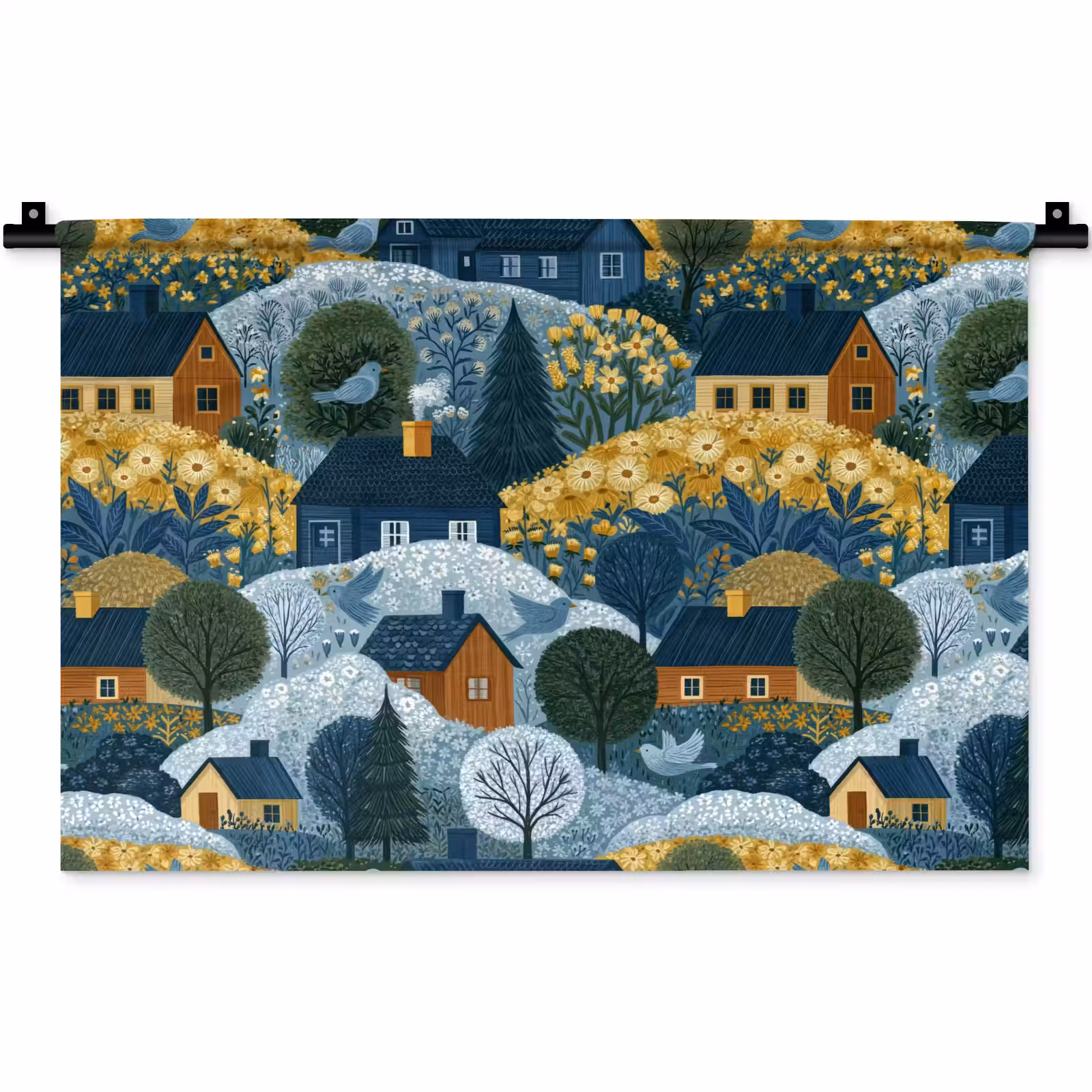 Wandkleed - Huisjes - Bloemen - Patroon - Geel - Blauw — 1