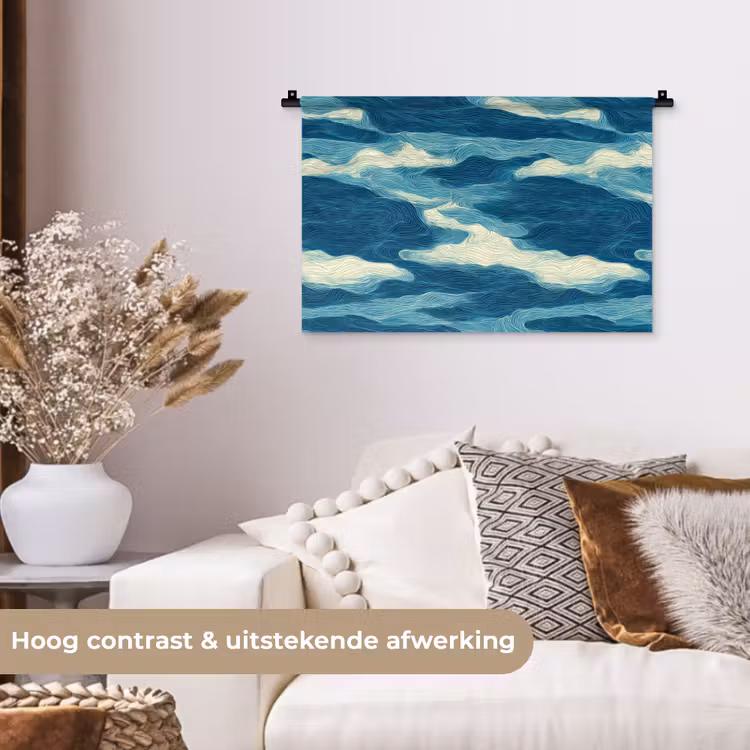Wandkleed - Golven - Abstract - Patroon - Blauw - Wit — 4