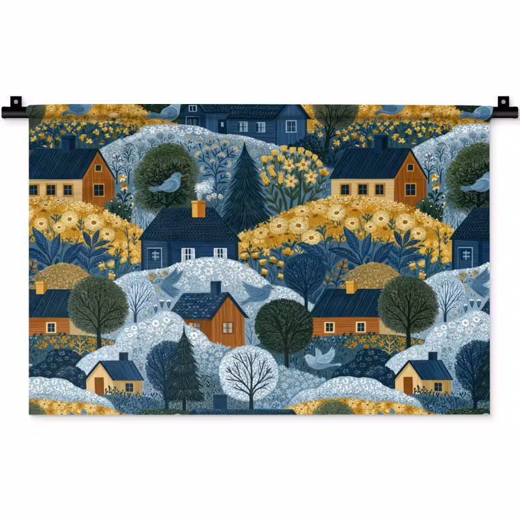 Wandkleed - Huisjes - Bloemen - Patroon - Geel - Blauw — 1