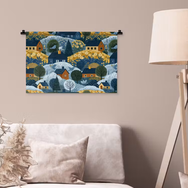 Wandkleed - Huisjes - Bloemen - Patroon - Geel - Blauw — 2