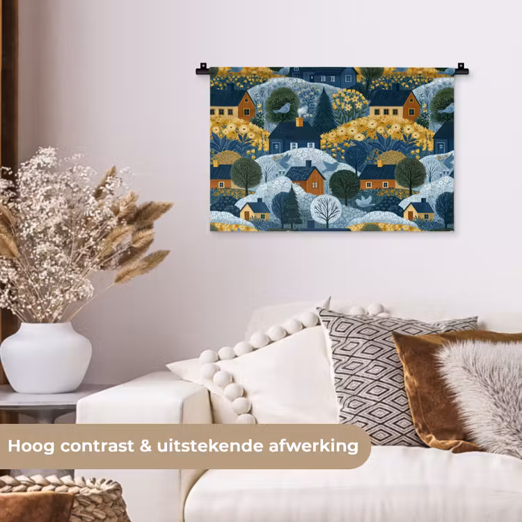Wandkleed - Huisjes - Bloemen - Patroon - Geel - Blauw — 4