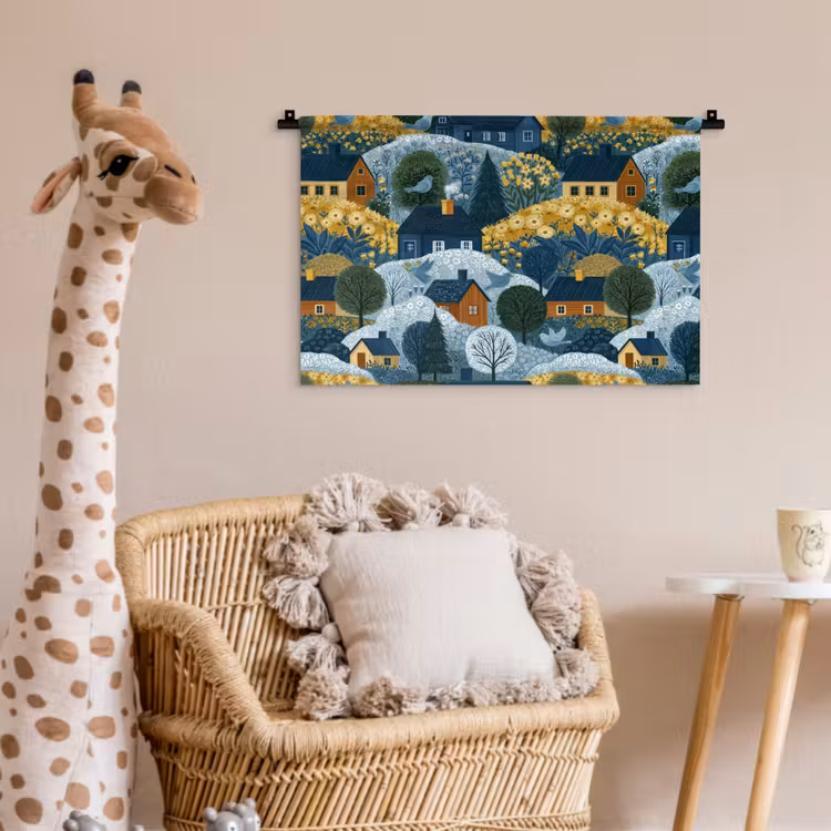 Wandkleed - Huisjes - Bloemen - Patroon - Geel - Blauw — 5