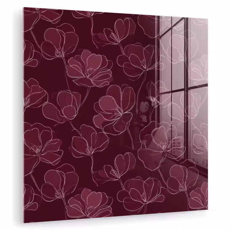 Glas schilderij - Bloemen - Patroon - Bordeauxrood