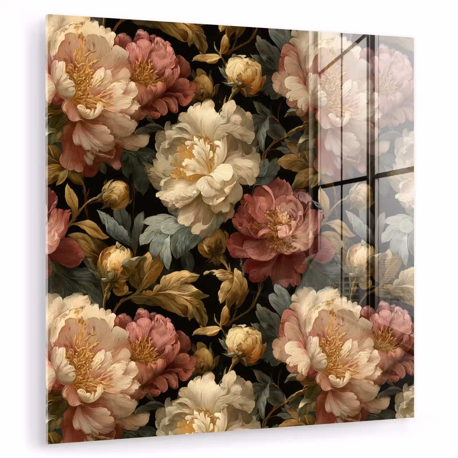 Glas schilderij - Bloemen - Barok - Patroon - Roze - Crème — 1