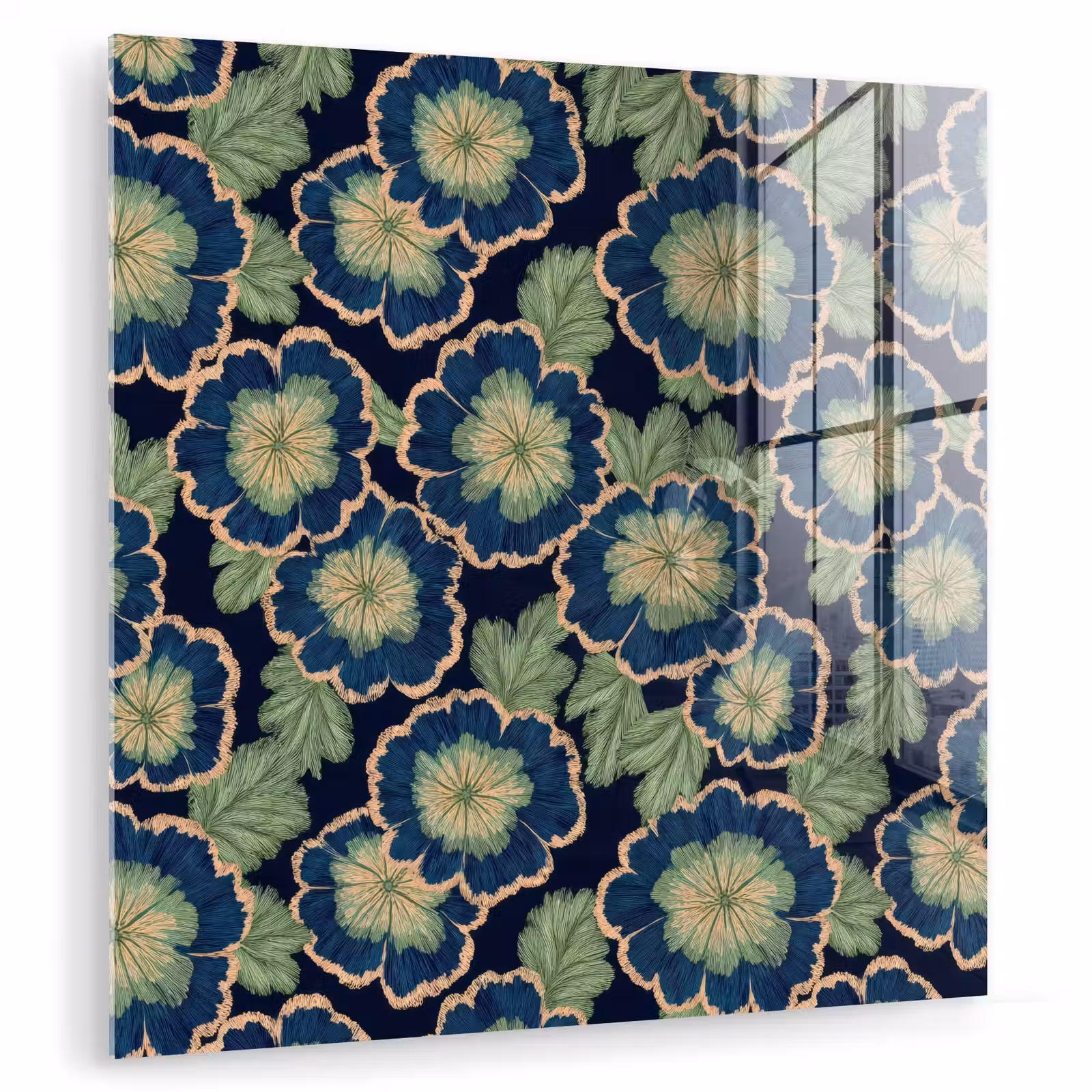 Glas schilderij - Bloemen - Borduurwerk - Patroon - Blauw - Groen — 1