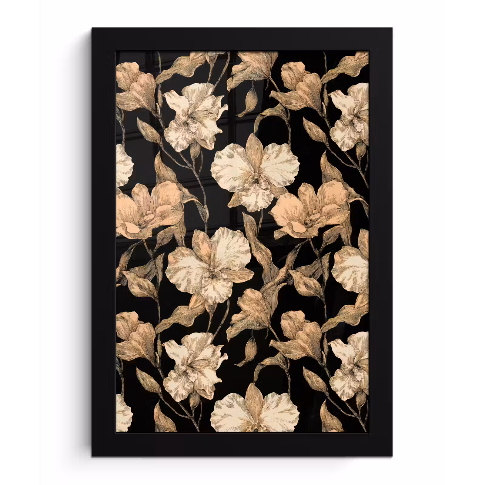 Poster met lijst - Orchideeën - Lijntekening - Patroon - Beige - Zwart — 1