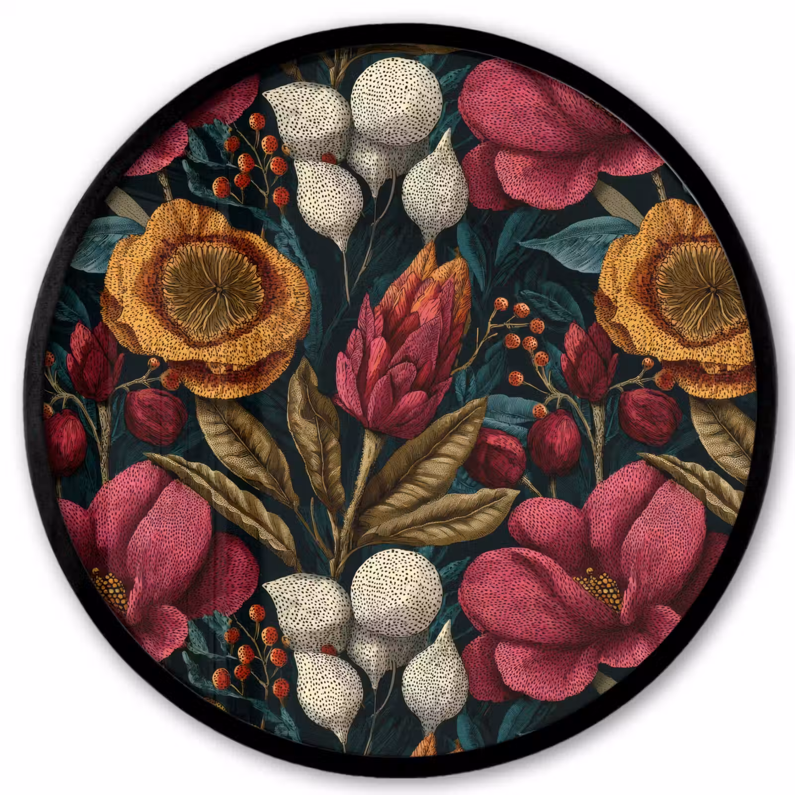 Ronde fotolijst - Bloemen - Patroon - Rood - Goud — 1