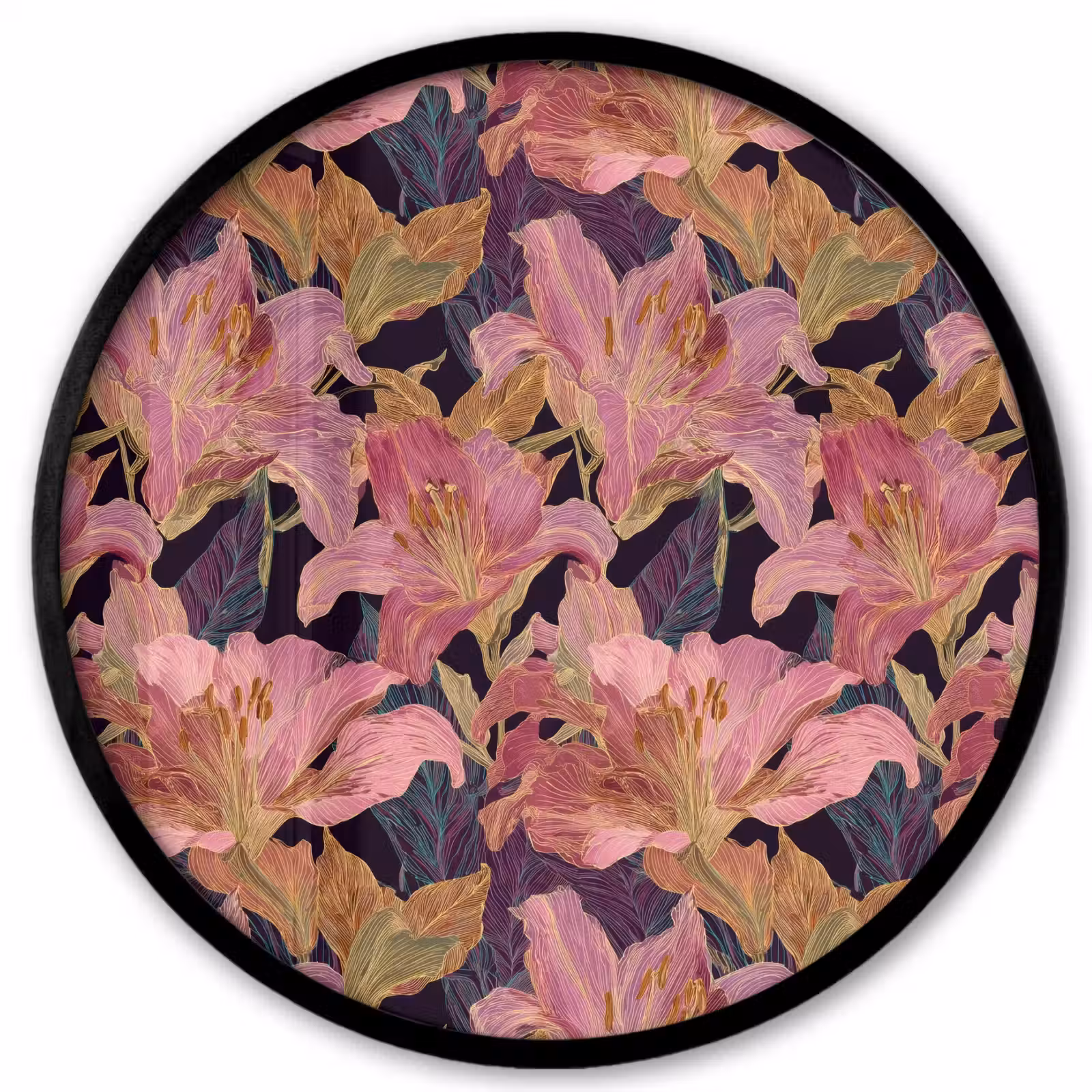 Ronde fotolijst - Lelies - Patroon - Roze - Goud — 1