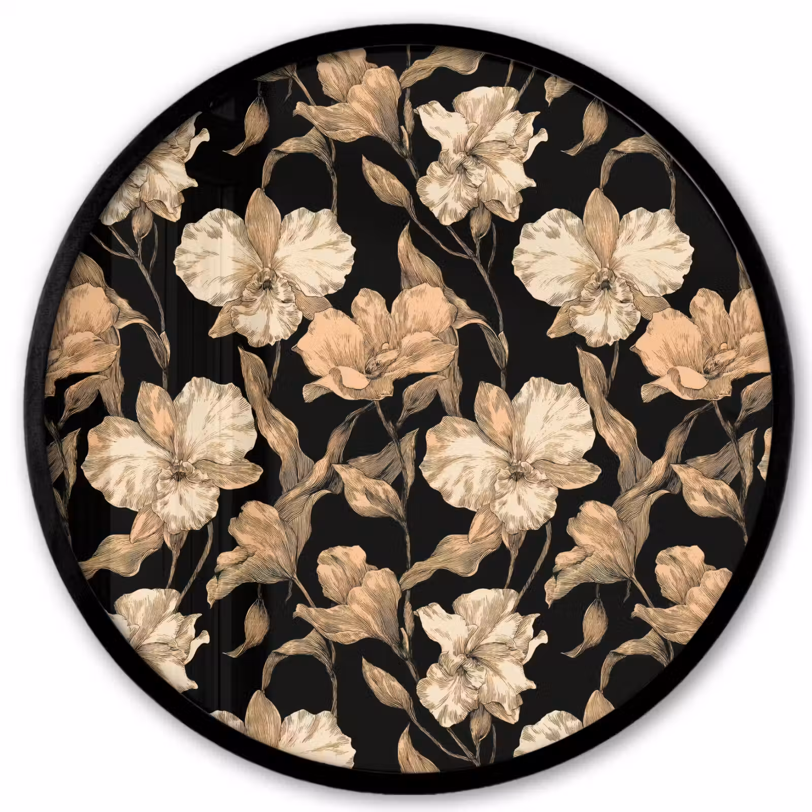 Ronde fotolijst - Orchideeën - Lijntekening - Patroon - Beige - Zwart — 1