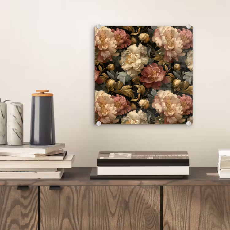 Glas schilderij - Bloemen - Barok - Patroon - Roze - Crème — 2