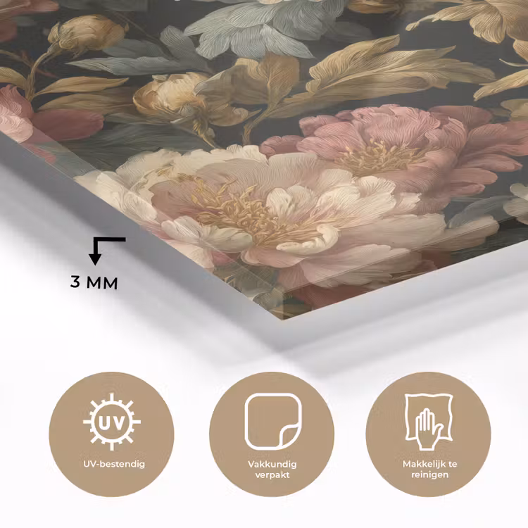 Glas schilderij - Bloemen - Barok - Patroon - Roze - Crème — 3
