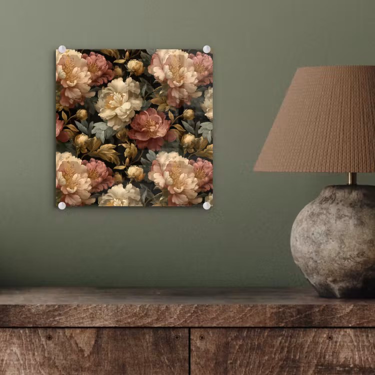 Glas schilderij - Bloemen - Barok - Patroon - Roze - Crème — 4