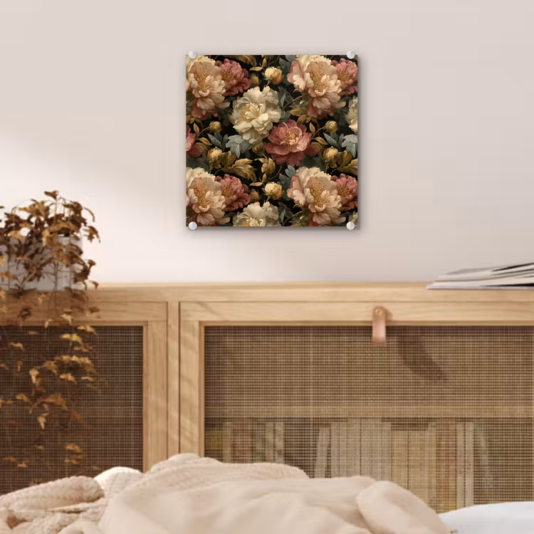 Glas schilderij - Bloemen - Barok - Patroon - Roze - Crème — 5