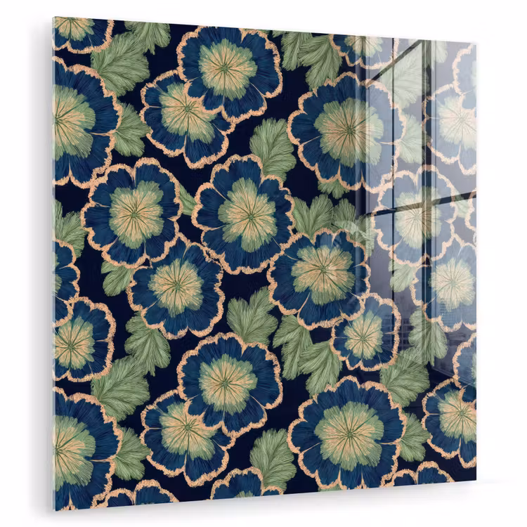Glas schilderij - Bloemen - Borduurwerk - Patroon - Blauw - Groen — 1
