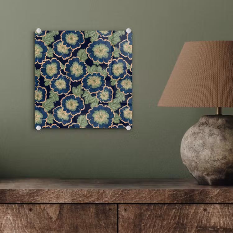 Glas schilderij - Bloemen - Borduurwerk - Patroon - Blauw - Groen — 4