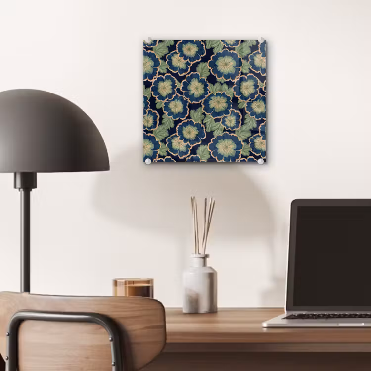 Glas schilderij - Bloemen - Borduurwerk - Patroon - Blauw - Groen — 7