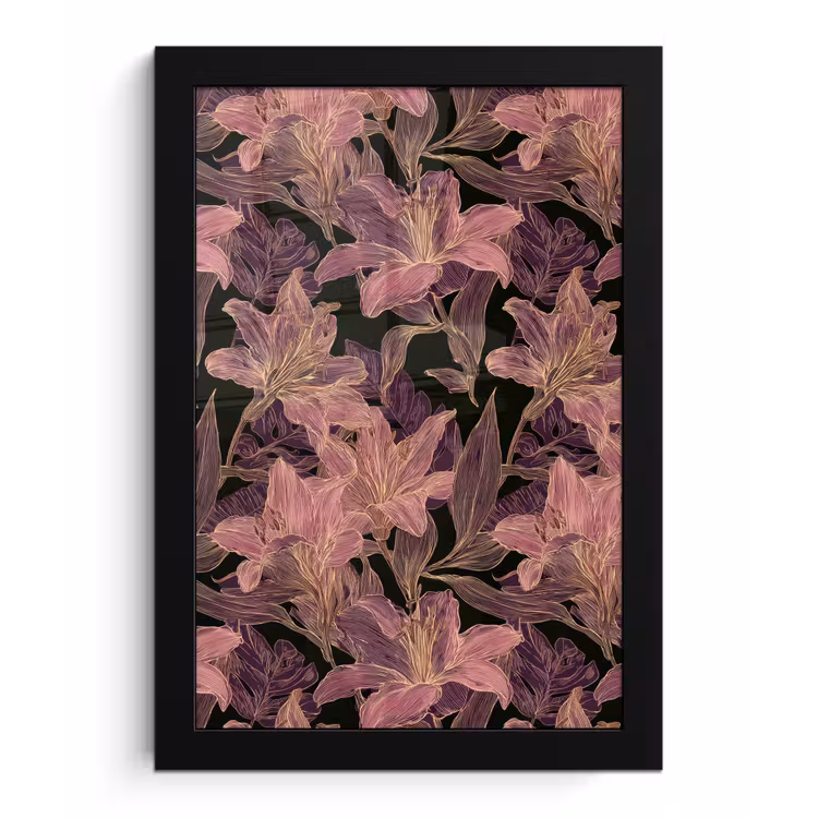 Poster met lijst - Lelies - Patroon - Paars - Goud — 1