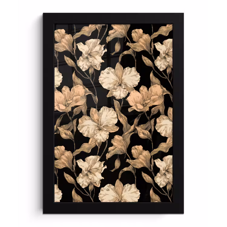 Poster met lijst - Orchideeën - Lijntekening - Patroon - Beige - Zwart — 1